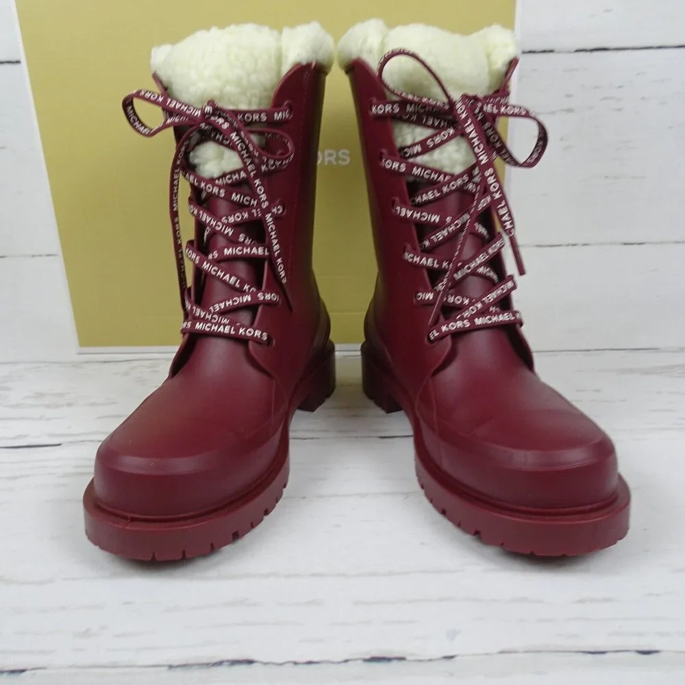 MICHAEL Michael Kors Women's Montaigne Rain Boots Faux Fur Logo Dark Berry New 6